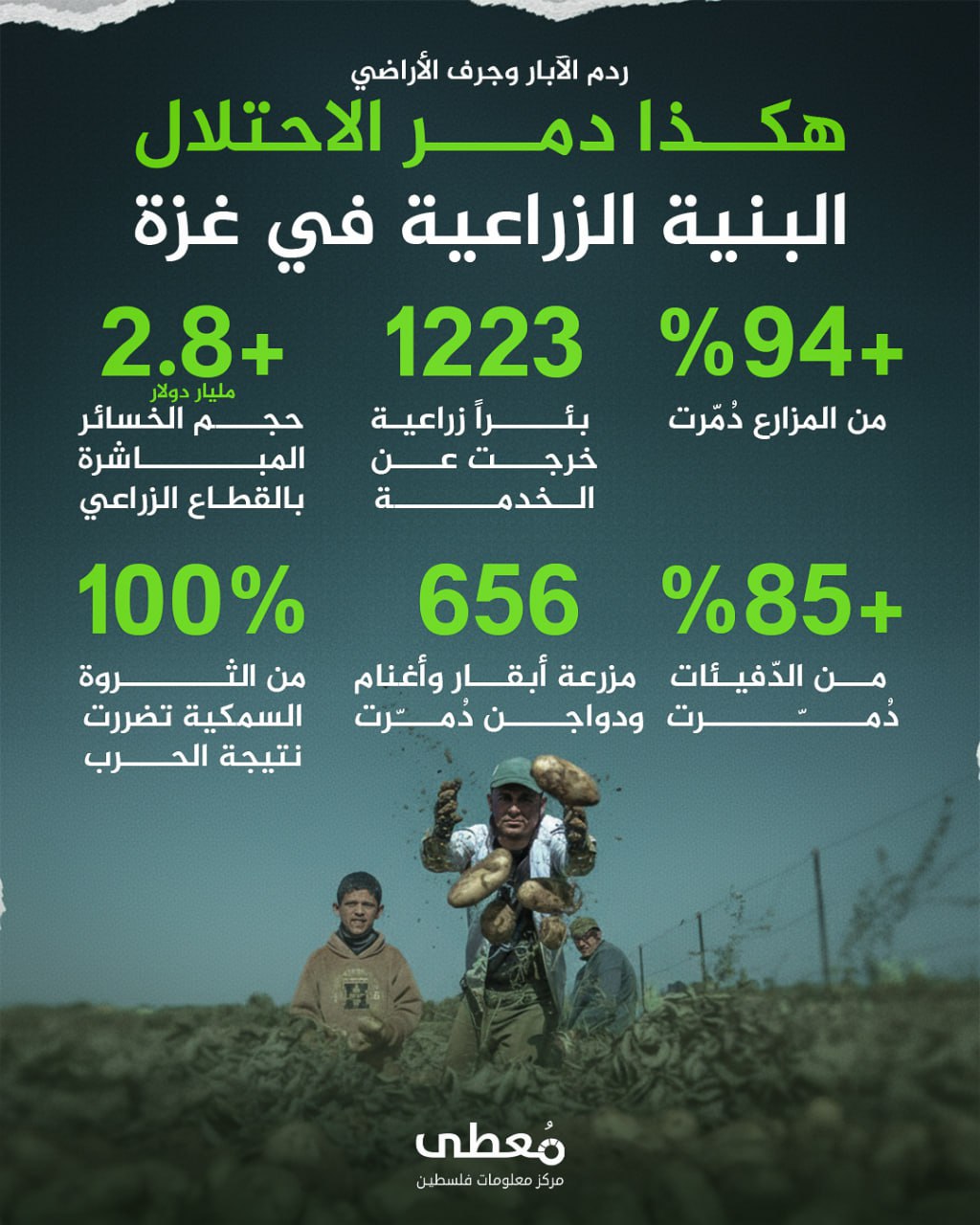 ⭕️ ردم الآبار وجرف الأراضي
🔴 هكذا دمر الاحتلال البنية الزراعية في غزة

◾️ أكثر من 94% من المزارع دُمّرت
◾️ 1223 بئراً زراعية خرجت عن الخدمة
◾️ +2.8 مليار $ حجم الخسائر المباشر