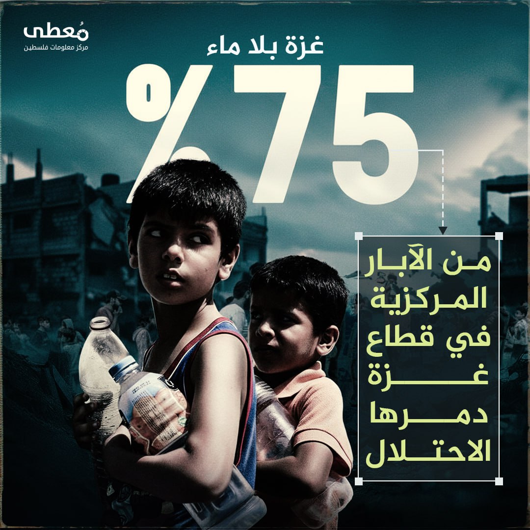 🔴 غزة بلا ماء

⭕️ 75% من الآبار المركزية في قطاع غزة دمرها الاحتلال

🔹 مركز معلومات فلسطين - مُعطى - www.mo3ta.ps