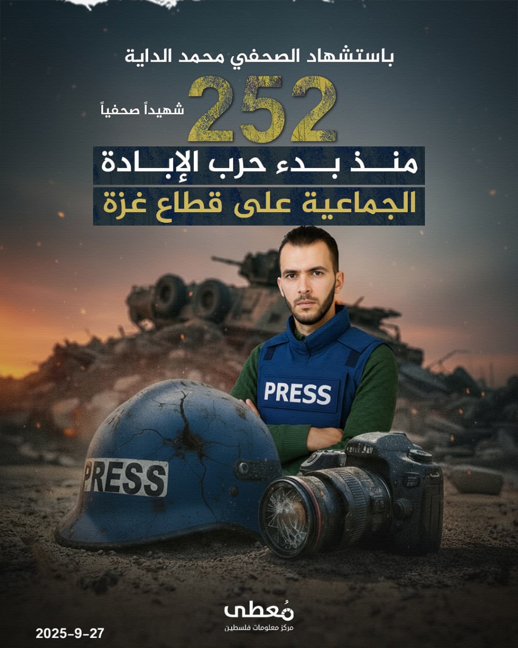 ◾️ باستشهاد الصحفي محمد الداية

⭕️ 252 شهيداً صحفياً، منذ بدء حرب الإبادة الجماعية على قطاع غزة

🔹 مركز معلومات فلسطين -مُعطى- www.mo3ta.ps