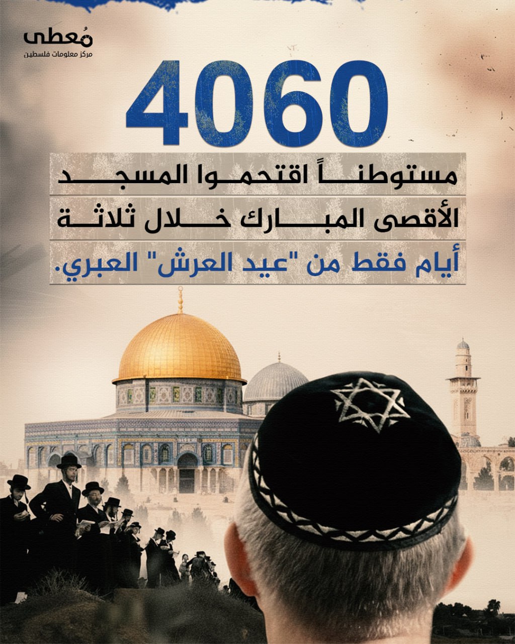 🔴 4060 مستوطناً اقتحموا المسجد الأقصى المبارك خلال ثلاثة أيام فقط من "عيد العُرش" العبري.

🔹 مركز معلومات فلسطين - مُعطى - www.mo3ta.ps