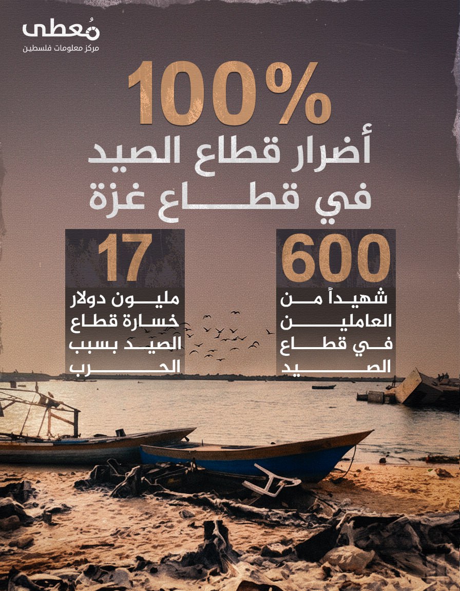 ⭕️ 100% أضرار قطاع الصيد في غزة

◾️ 202 شهيداً من العاملين في قطاع الصيد

◾️ 17 مليون دولار خسارة قطاع الصيد بسبب الحرب

🔹 مركز معلومات فلسطين -مُعطى- www.mo3ta.ps