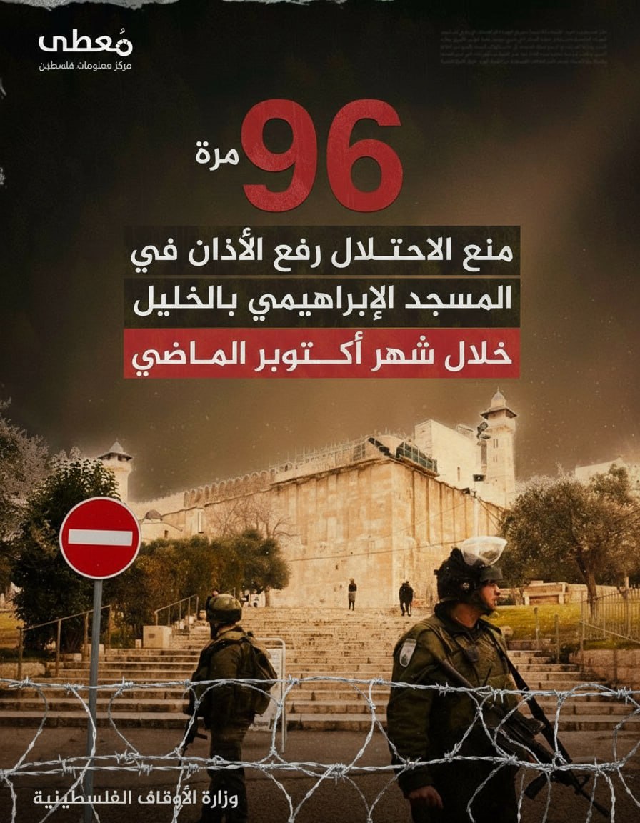 🔴 96 مرة
◾️ منع الاحتلال رفع الأذان في المسجد الإبراهيمي بالخليل خلال شهر أكتوبر الماضي

🔸المصدر: وزارة الأوقاف الفلسطينية

🔹مركز معلومات فلسطين -مُعطى- https://mo3ta.ps
