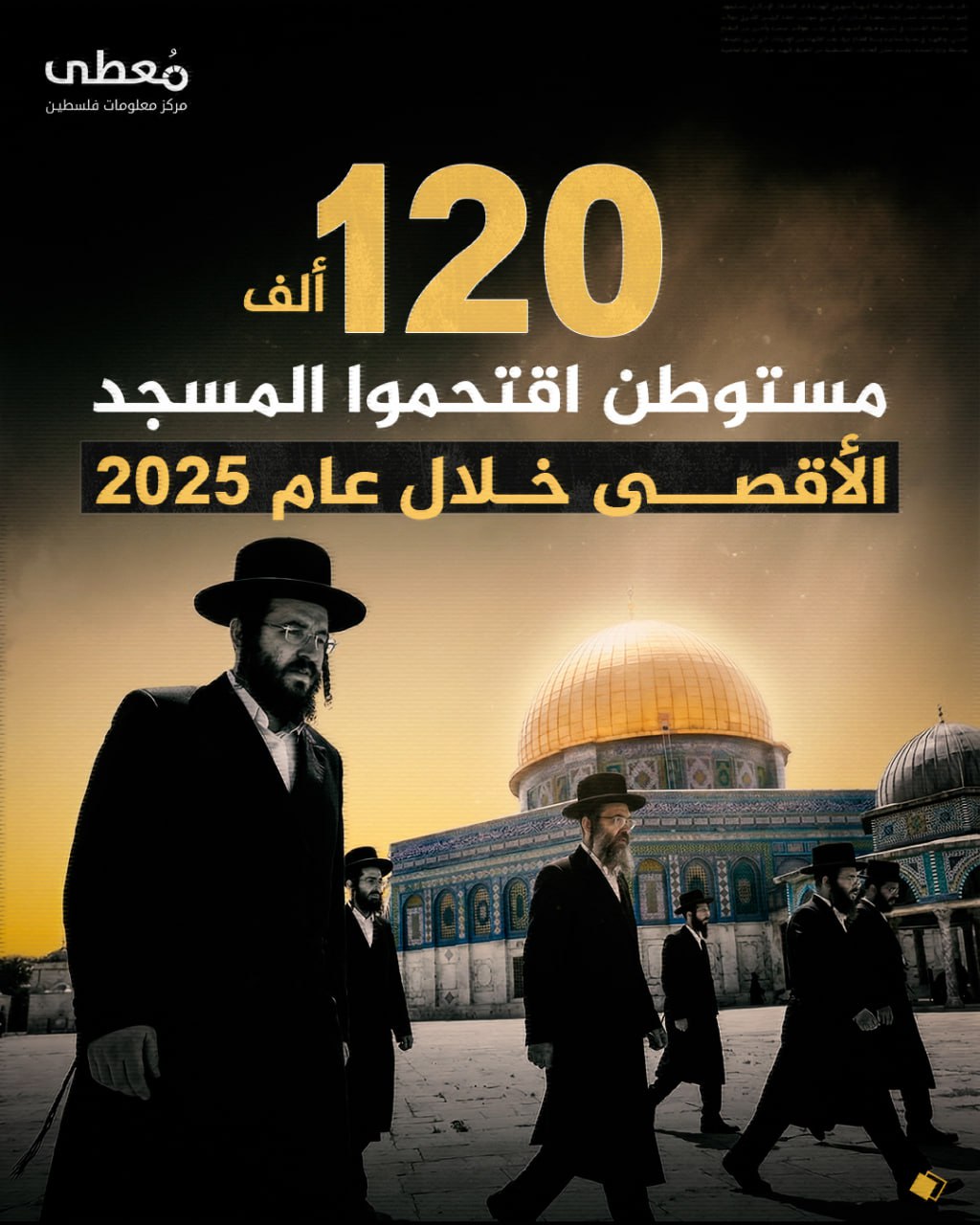 ⭕️ +120 ألف مستوطن اقتحموا المسجد الأقصى 

🗓 خلال عام 2025

🔹 مركز معلومات فلسطين - مُعطى - www.mo3ta.ps