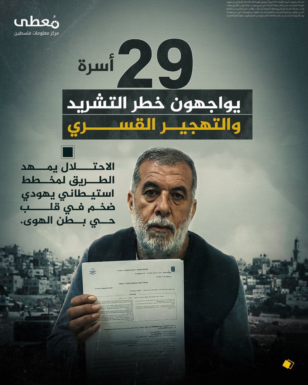 ⭕ 29 أسرة يواجهون خطر التشريد والتهجير القسري

🔳 الاحتلال يمهد الطريق لمخطط استيطاني يهودي ضخم في قلب حي بطن الهوى.

🔹 مركز معلومات فلسطين - مُعطى - www.mo3ta.ps