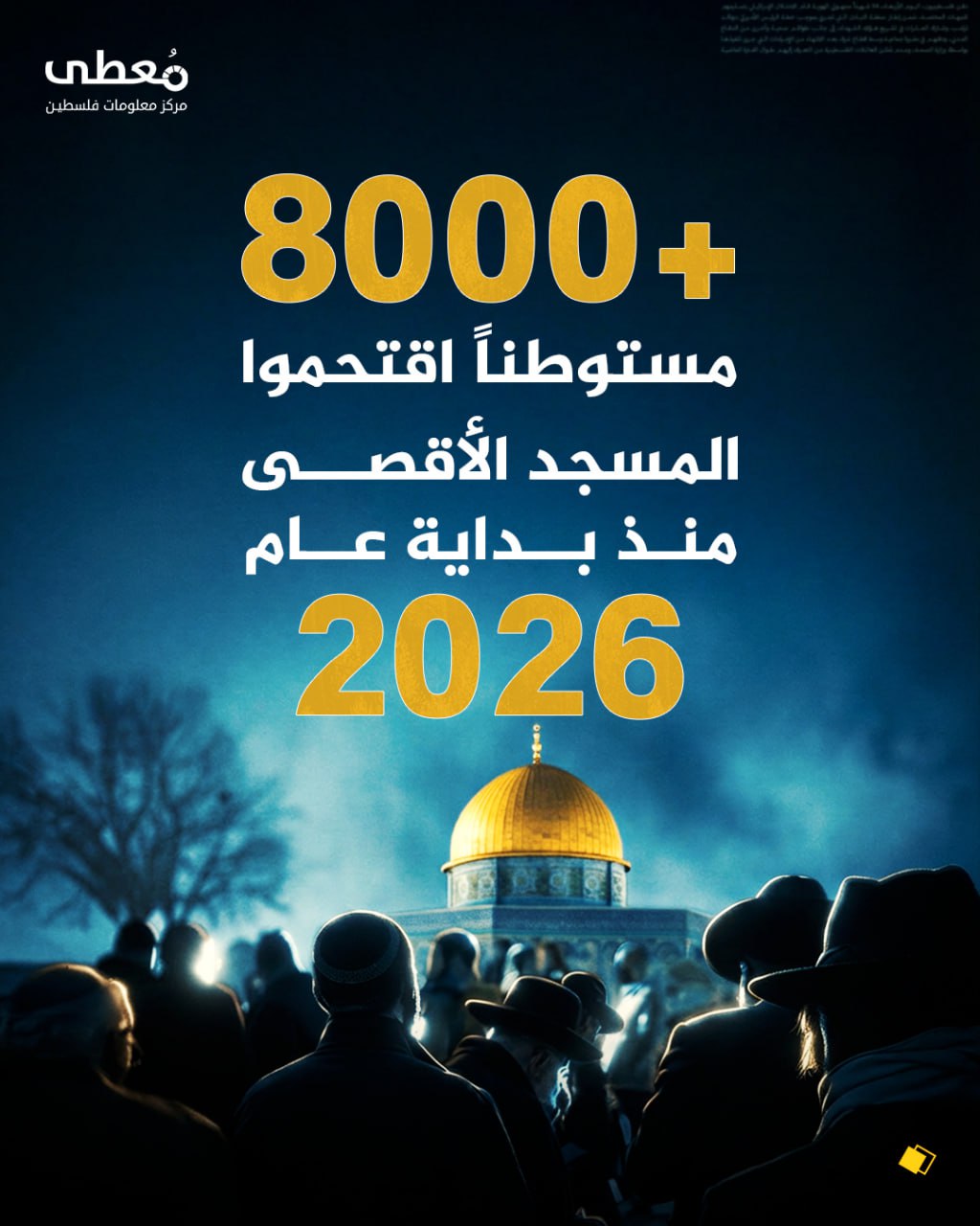 ⭕ 8000+ مستوطن اقتحموا المسجد الأقصى منذ بداية عام 2026

🔹 مركز معلومات فلسطين - مُعطى - www.mo3ta.ps