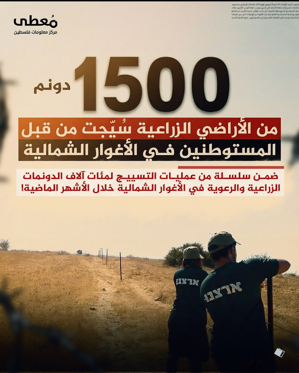 ⭕ 1500 دونم من الأراضي الزراعية سُيّجت من قبل المستوطنين في الأغوار الشمالية

◾ ضمن سلسلة من عمليات التسييج لمئات آلاف الدونمات الزراعية والرعوية في الأغوار الشمالية خلال الأشهر