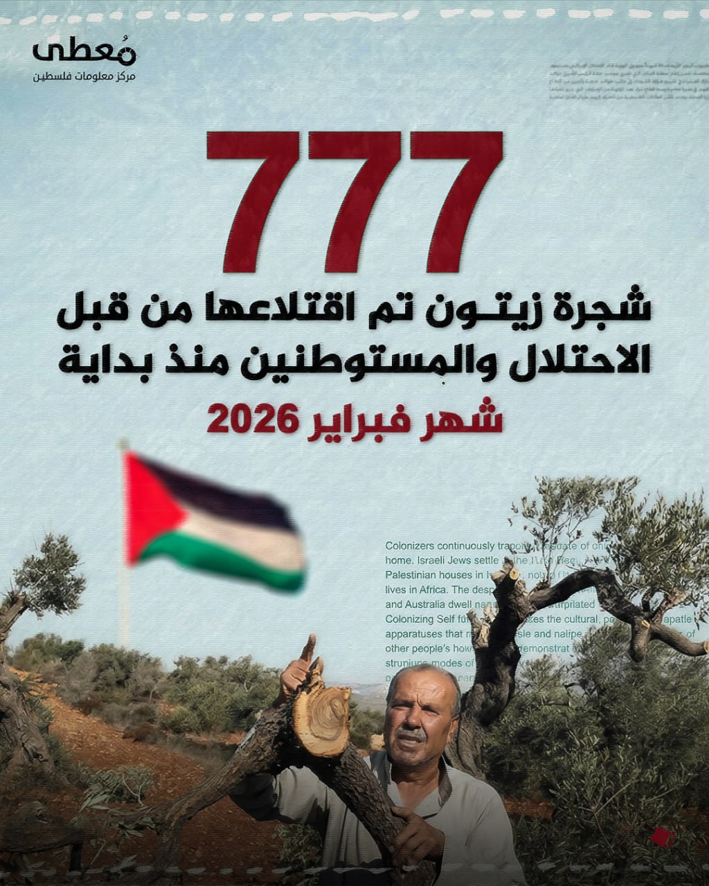 ⭕ 777 شجرة زيتون تم اقتلاعها من قبل الاحتلال والمستوطنين منذ بداية شهر فبراير 2026

🔹 مركز معلومات فلسطين - مُعطى - www.mo3ta.ps