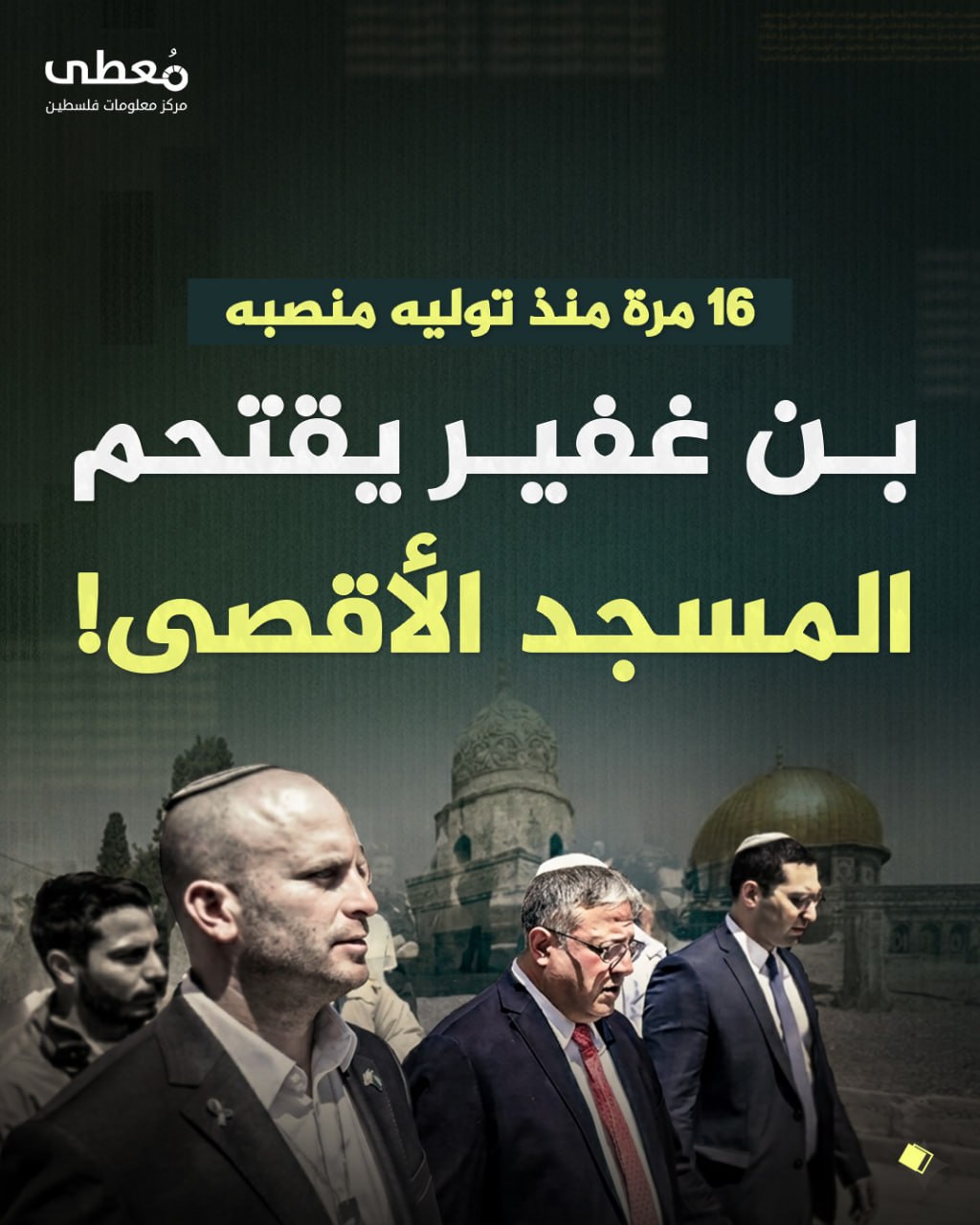 🔴 16 مرة منذ توليه منصب..
◾ بن غفير يقتحم المسجد الأقصى!

🔹 مركز معلومات فلسطين -مُعطى- www.mo3ta.ps