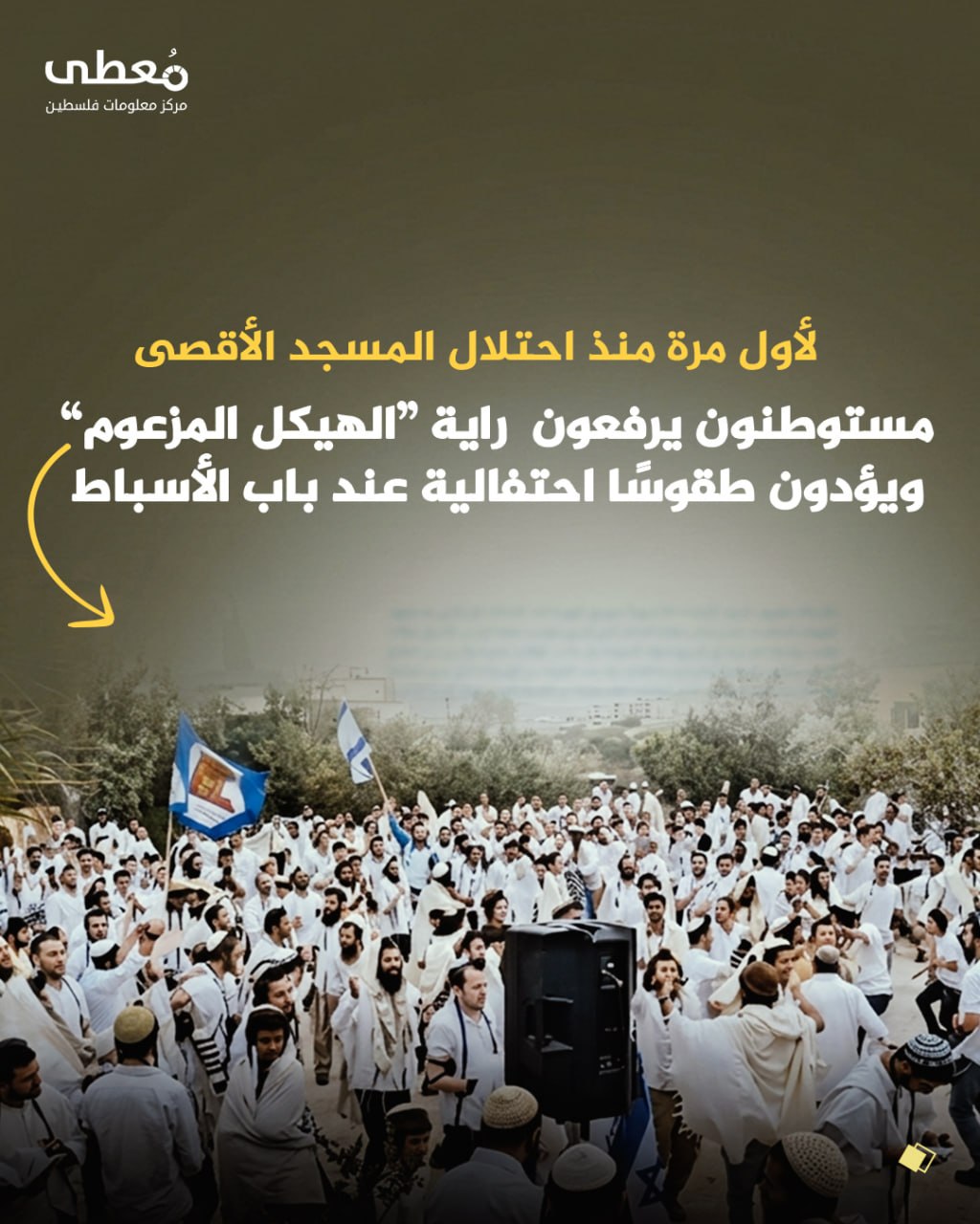 🔴 لأول مرة  منذ احتلال المسجد الأقصى

◾ مستوطنون يرفعون راية “الهيكل المزعوم" ويؤدون طقوسًا احتفالية عند باب الأسباط!

🔹 مركز معلومات فلسطين - مُعطى - www.mo3ta.ps