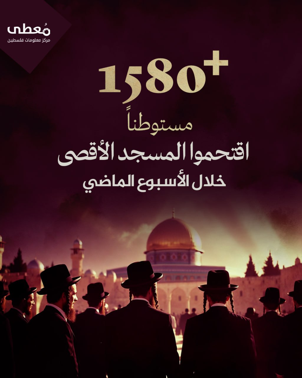 ⭕ +1580 مستوطناً اقتحموا المسجد الأقصى خلال الأسبوع الماضي

🔹 مركز معلومات فلسطين - مُعطى - www.mo3ta.ps