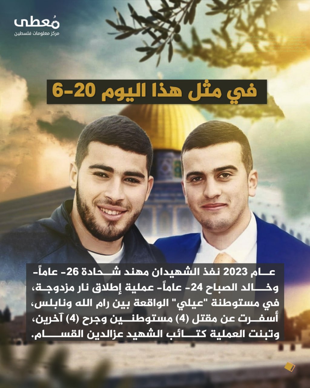 ◾️ في مثل هذا اليوم 20-6

⭕️ عام 2023 نفذ الشهيدان مهند شحادة -26 عاماً- وخالد الصباح -24 عاماً- عملية إطلاق نار مزدوجة، في مستوطنة "عيلي" الواقعة بين رام الله ونابلس، أسفرت عن م