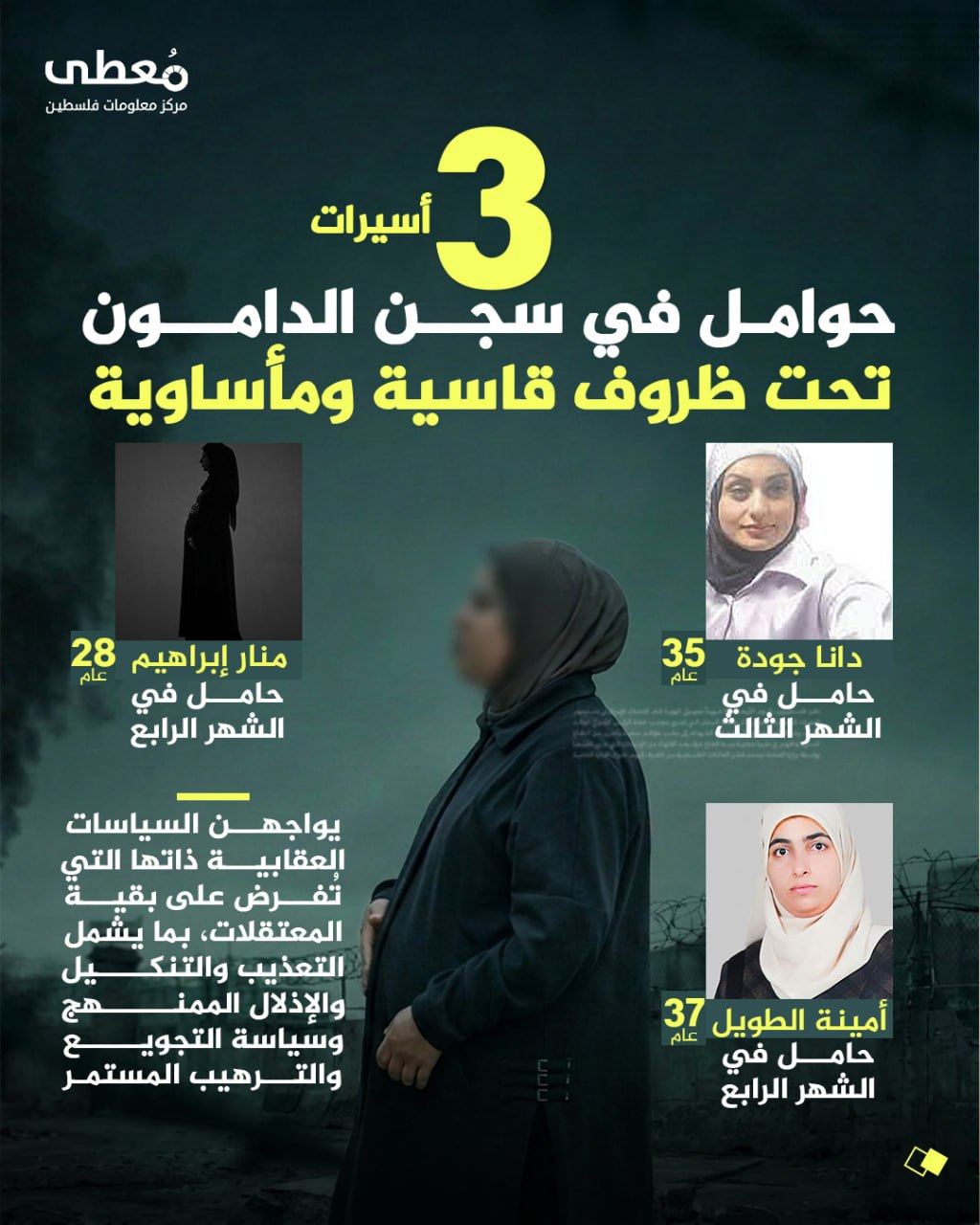 ⭕️ 3 أسيرات حوامل في سجن الدامون
⚠️ تحت ظروف قاسية ومأساوية

◾️ دانا جودة (35 عاماً)
• حامل في الشهر الثالث

◾️ منار إبراهيم (28 عاماً)
• حامل في الشهر الرابع

◾️ أمينة الطويل
