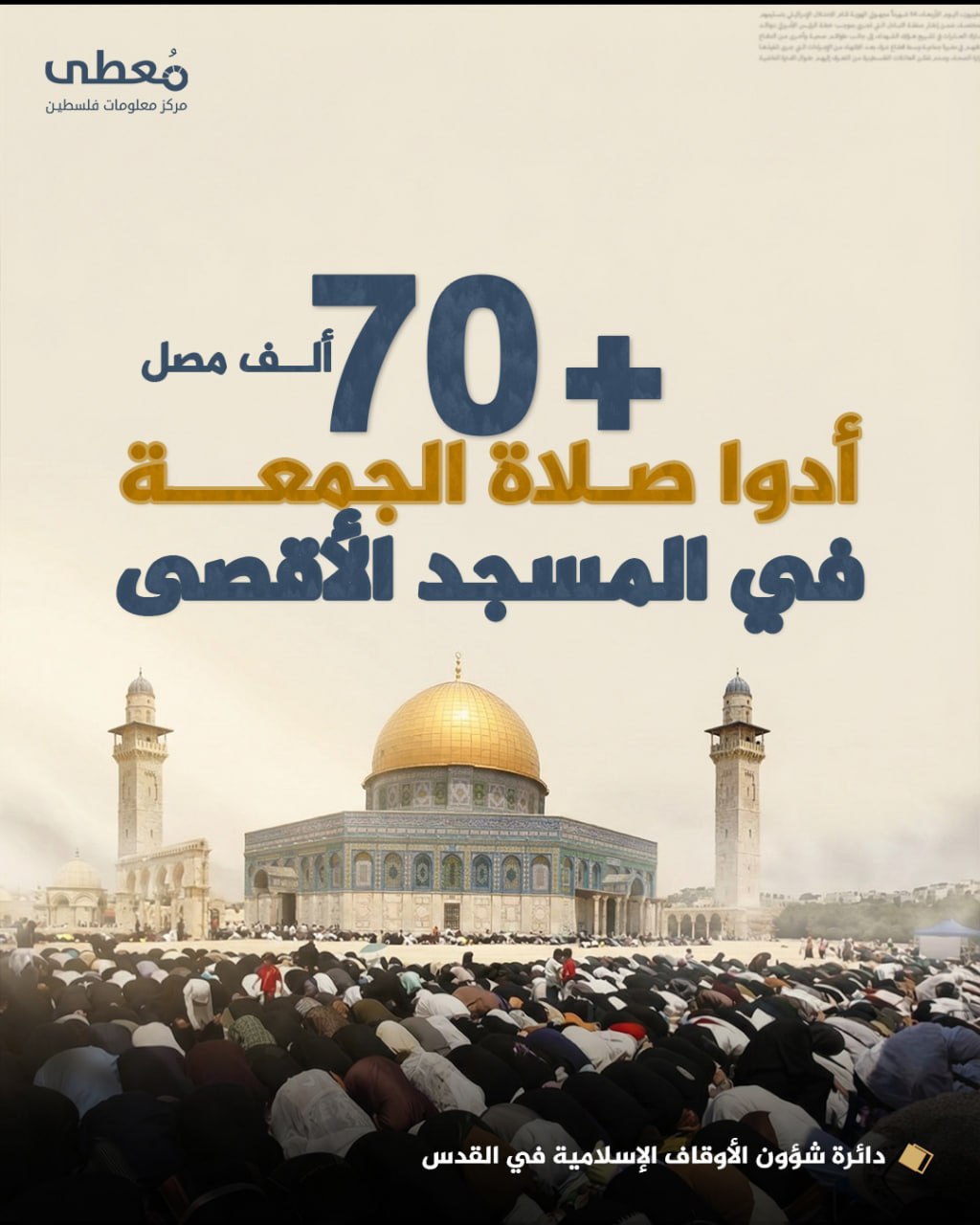 🔴 +70 ألف مصل أدوا الجمعة في المسجد الأقصى المبارك

🔸 دائرة شؤون الأوقاف الإسلامية في القدس

🔹 مركز معلومات فلسطين - مُعطى - www.mo3ta.ps