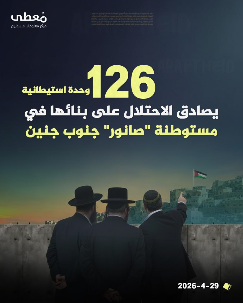 ⭕ 126 وحدة استيطانية 

◾ يصادق الاحتلال على بنائها في مستوطنة "صانور" جنوب جنين

🔹 مركز معلومات فلسطين - مُعطى - www.mo3ta.ps