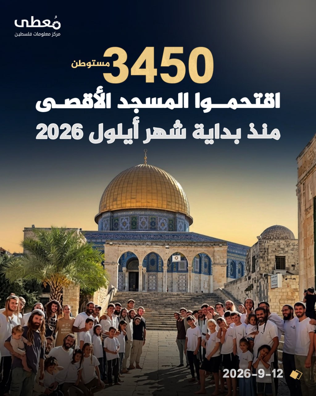 ⭕ 3450 مستوطن اقتحموا المسجد الأقصى منذ بداية شهر أيلول 2026

🔹 مركز معلومات فلسطين - مُعطى - www.mo3ta.ps