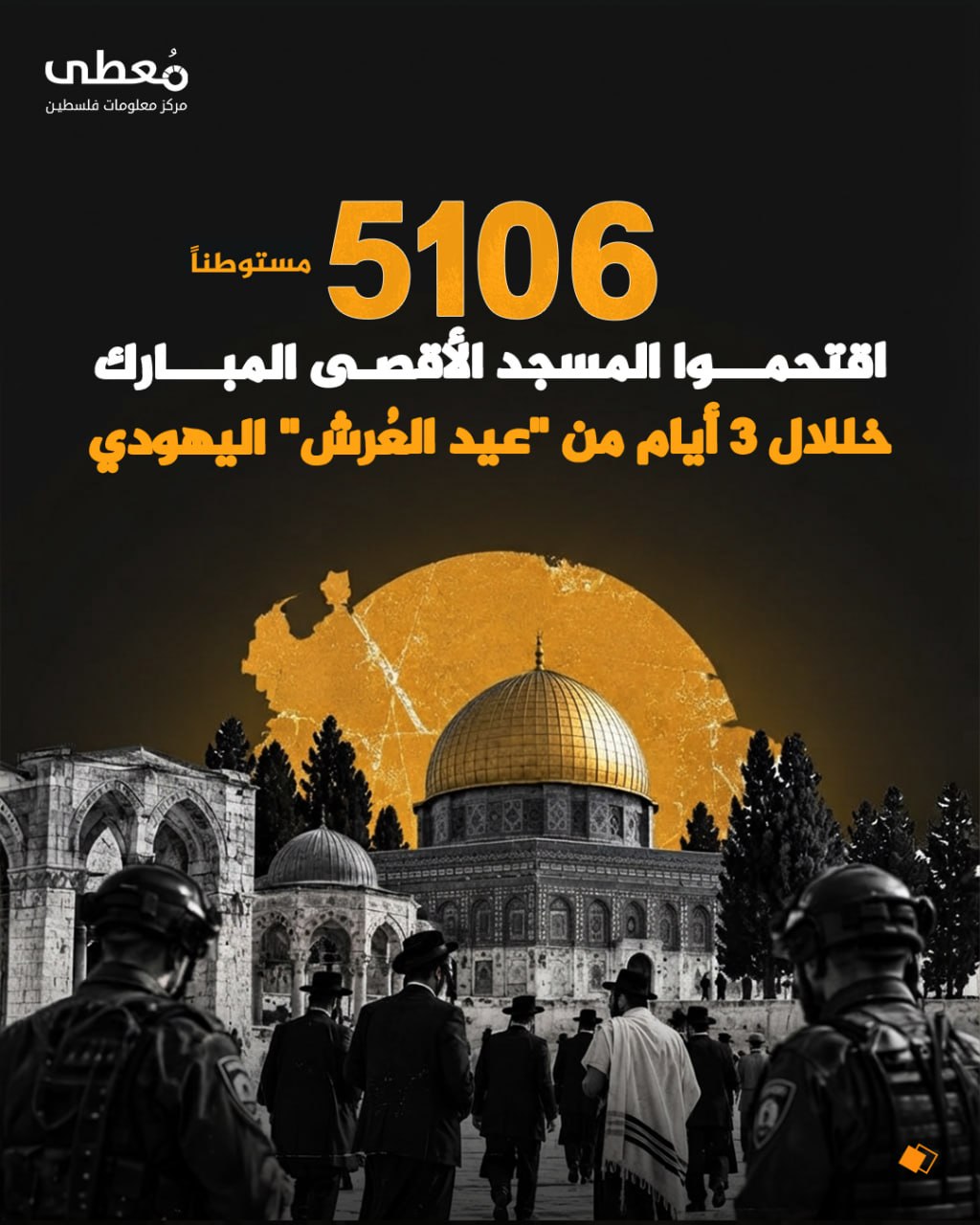 ⭕ 5106 مستوطناً اقتحموا المسجد الأقصى المبارك خلال 3 أيام من "عيد العُرش" اليهودي

🔹 مركز معلومات فلسطين - مُعطى - www.mo3ta.ps
