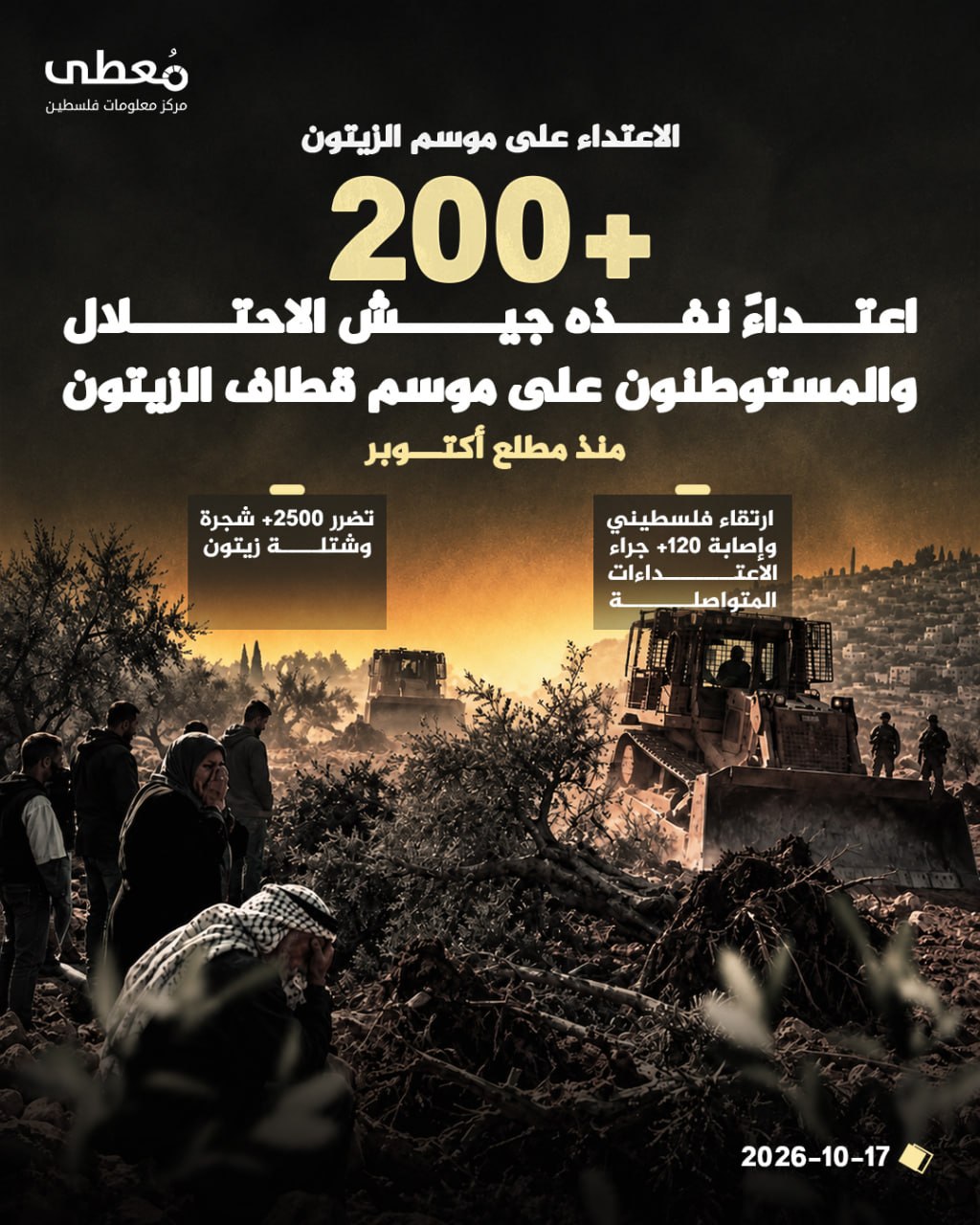 ◾الاعتداء على موسم الزيتون
🔴 +200 اعتداء نفذه جيش الاحتلال والمستوطنون على موسم قطاف الزيتون منذ مطلع أكتوبر

◾ ارتقاء فلسطيني وإصابة +120 جراء الاعتداءات المتواصلة

◾ تضرر +25
