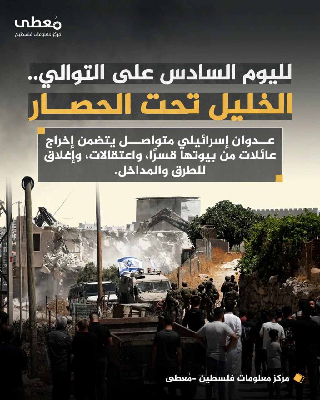 ⭕ لليوم السادس على التوالي.. الخليل تحت الحصار

◾ عدوان إسرائيلي متواصل يتضمن إخراج عائلات من بيوتها قسرًا، واعتقالات، وإغلاق للطرق والمداخل.

🔹 مركز معلومات فلسطين -مُعطى- www.