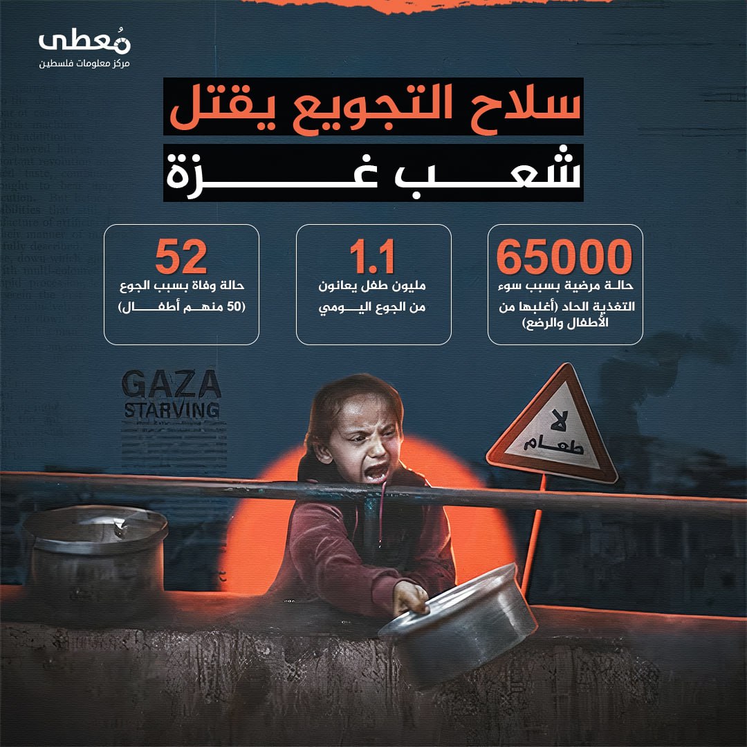 🔴 سلاح التجويع يقتل شعب غزة

◾️ 65000 حالة مرضية بسبب سوء التغذية الحاد (أغلبها من الأطفال والرضع)
◾️ 1.1 مليون طفل يعانون من الجوع اليومي 
◾️ 52 حالة وفاة بسبب الجوع (50 منهم