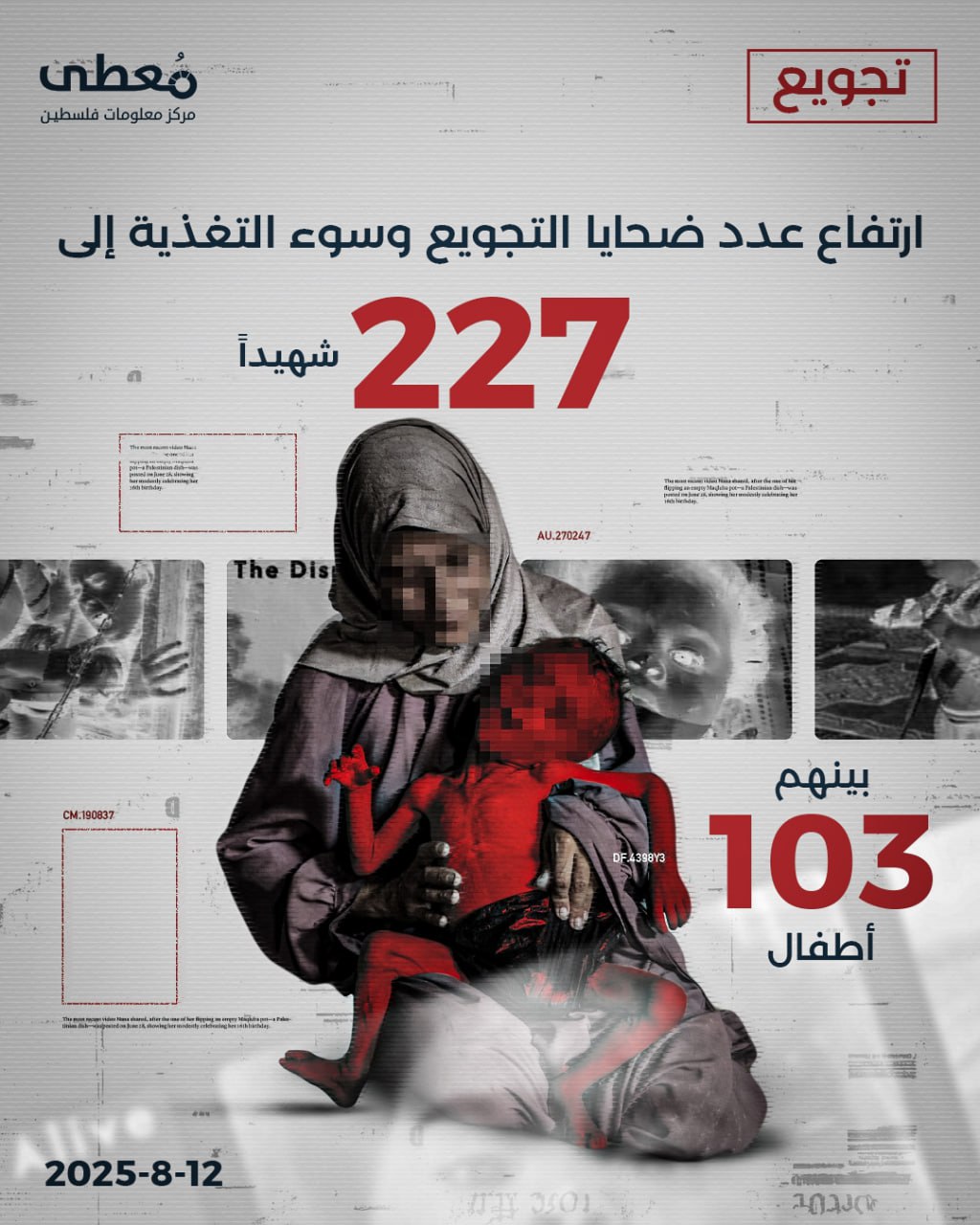🔴 ارتفاع عدد ضحايا التجويع وسوء التغذية إلى 227 شهيدا بينهم 103 أطفال

🔹 مركز معلومات فلسطين - مُعطى - www.mo3ta.ps
