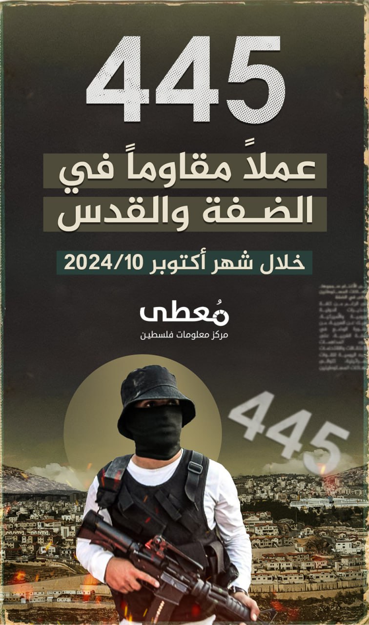 🔴 445 عملا مقاوما في الضفة والقدس 

🗓 خلال شهر 10-2024

https://www.mo3ta.ps/