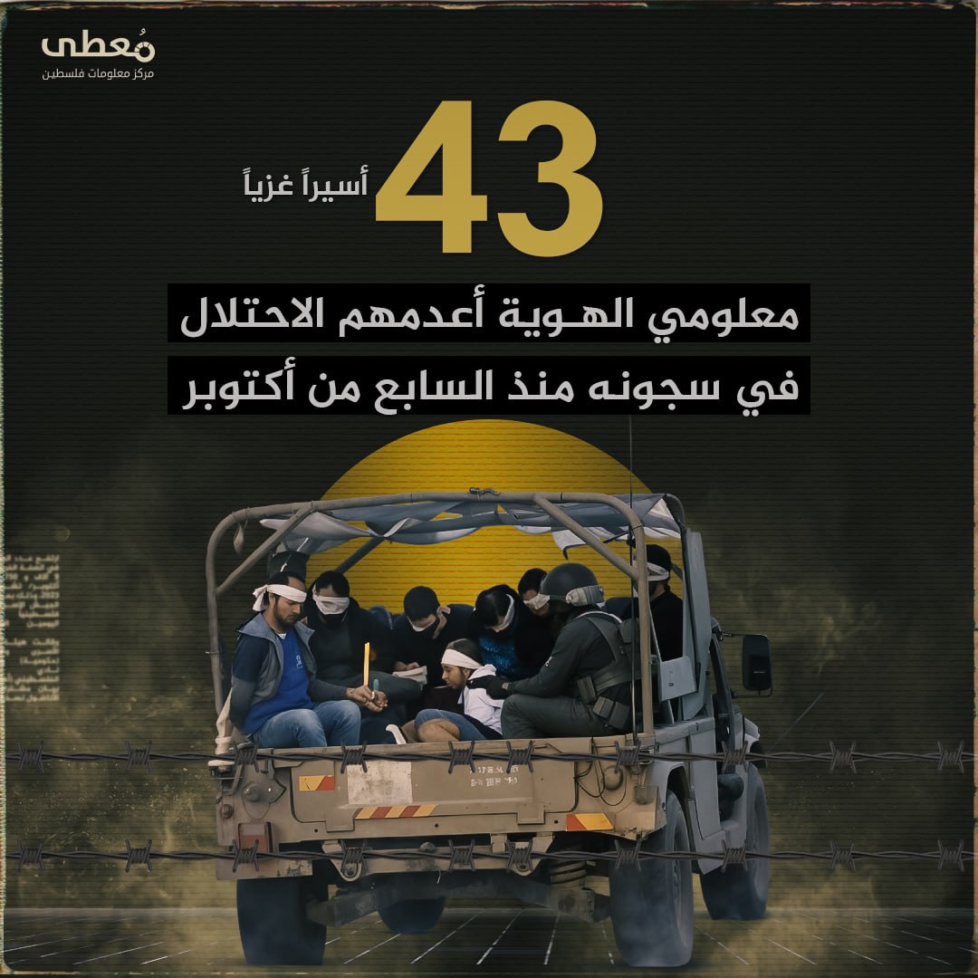 🔴 43 أسيراَ غزياً معلومي الهوية أعدمهم الاحتلال في سجونه منذ السابع من أكتوبر

🔹 مركز معلومات فلسطين -مُعطى- www.mo3ta.ps