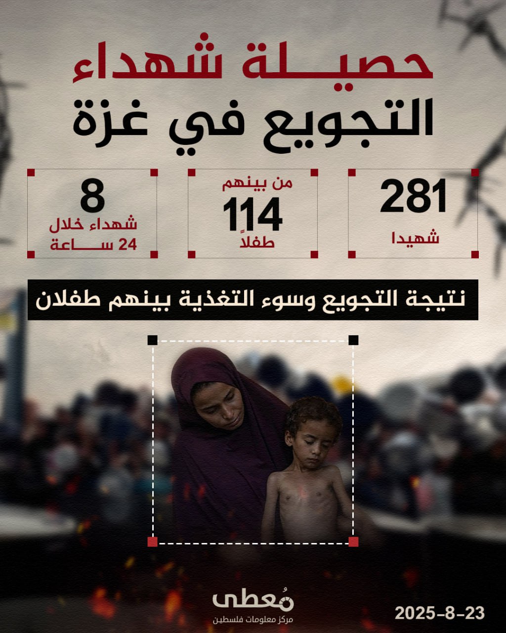 🔴 حصيلة شهداء التجويع في غزة

◾ 281 شهيدا، بينهم 114 طفلاً

◾ 8 شهداء خلال 24 ساعة نتيجة التجويع وسوء التغذية بينهم طفلان

🔹 مركز معلومات فلسطين - مُعطى - www.mo3ta.ps