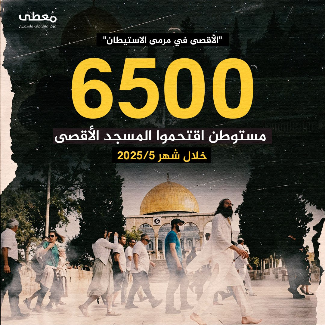 ⭕ "الأقصى في مرمى الاستيطان"

◾6500 مستوطن اقتحموا المسجد الأقصى خلال شهر 5/2025

🔹 مركز معلومات فلسطين - مُعطى - www.mo3ta.ps