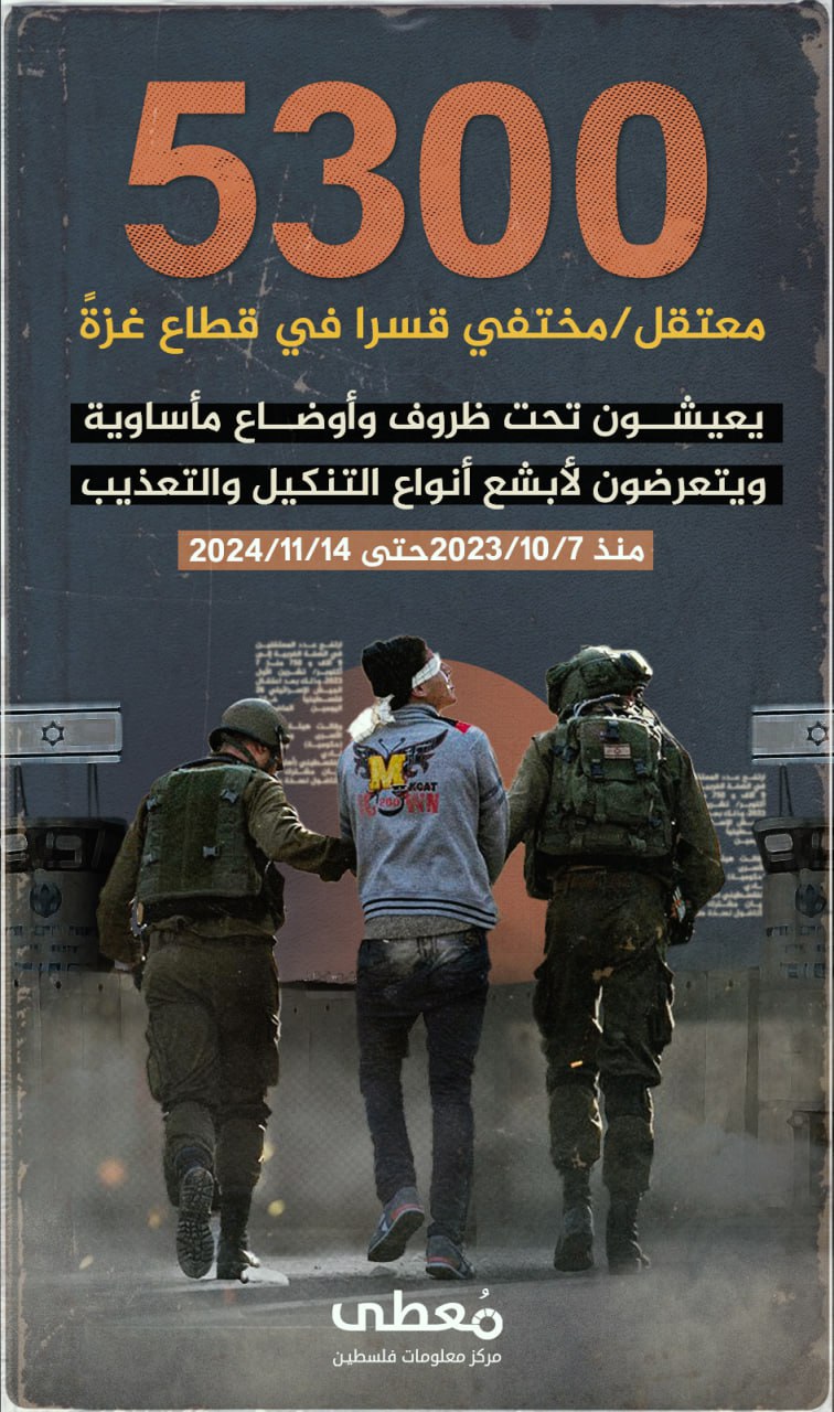 🔴 5300 معتقل/مختفي قسرا في قطاع غزة

يعيشون تحت ظروف وأوضاع مأساوية ويتعرضون لأبشع أنواع التنكيل التعذيب

 🗓️ منذ 7/10/2023 حتى 14/11/2024

https://www.mo3ta.ps/