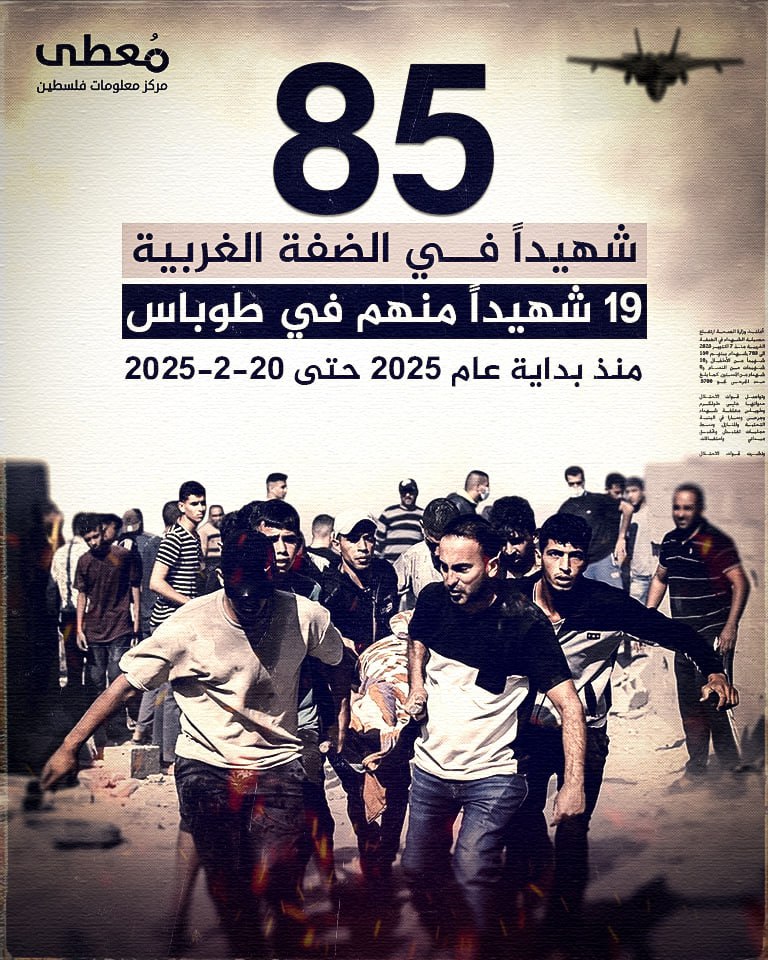 🔴 85 شهيدا في الضفة الغربية 

19 شهيدا منهم في طوباس 

🗓 منذ بداية عام 2025 حتى 20-2-2025

🔹 مركز معلومات فلسطين -مُعطى- www.mota.ps