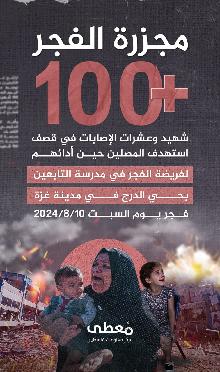 ⭕ #مجزرة_الفجر 

أكثر من 100 شهيد وعشرات الإصابات

في قصف للاحتلال استهدف المصلين حين أدائهم لفريضة الفجر في مدرسة التابعين بحي الدرج في مدينة غزة 10/8/2024