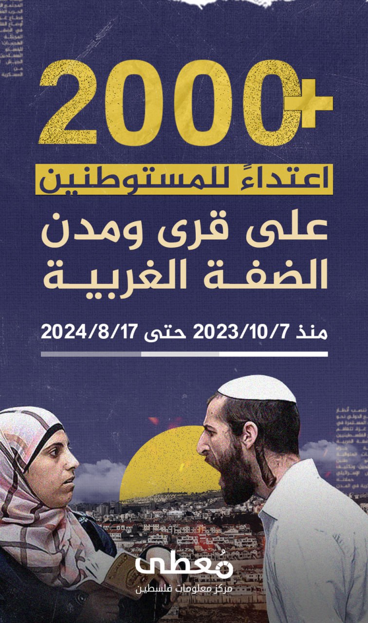 ⭕ +2000 اعتداء للمستوطنين على قرى ومدن الضفة 

منذ 7-10-2023 حتى 17-8-2024