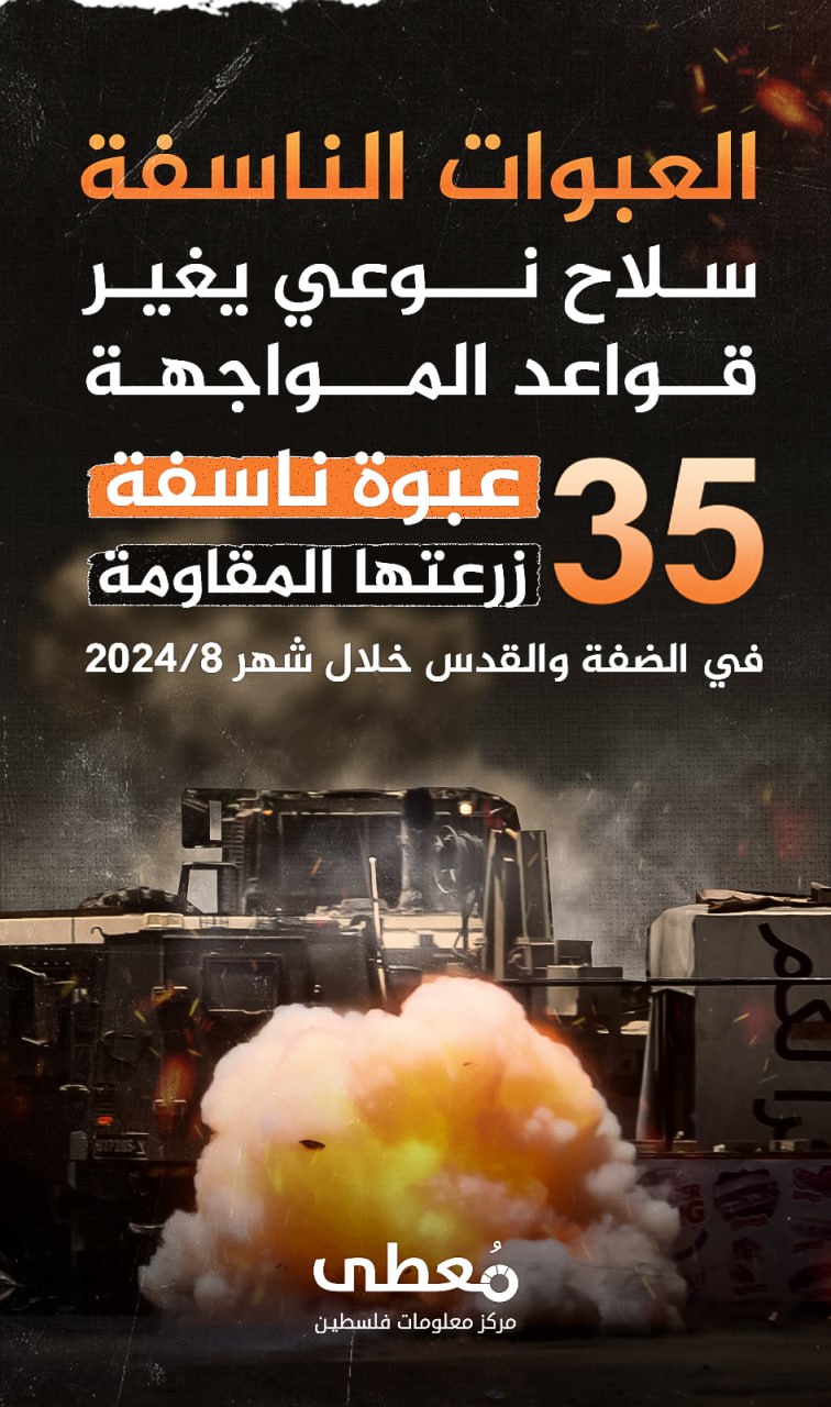 ⭕ العبوات الناسفة.. سلاح نوعي يغير قواعد المواجهة

🔻 (35) عبوة ناسفة قامت بزراعتها المقاومة في الضفة والقدس 

خلال شهر 8-2024