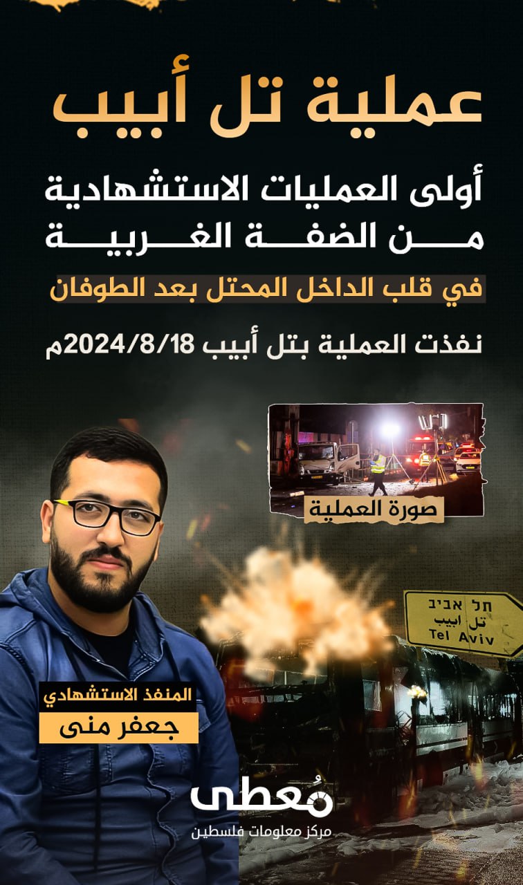 🔻 "عملية الاستشهادي جعفر مُنى في تل أبيب"

أولى العمليات الاستشهادية بعد الطوفان، تنفذها المقاومة بالضفة الغربية، في قلب الداخل المحتل

🔵 تعرف على ميزات مركز "معطى" الجديد عبر زي
