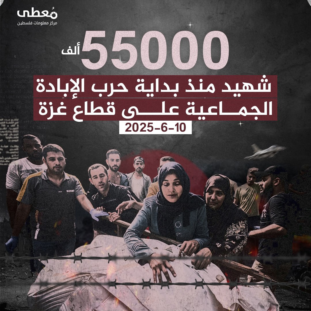 ⭕ 55000 ألف شهيد في قطاع غزة منذ بداية حرب الإبادة الجماعية على قطاع غزة

🗓 10-6-2025

🔹 مركز معلومات فلسطين - مُعطى - www.mo3ta.ps