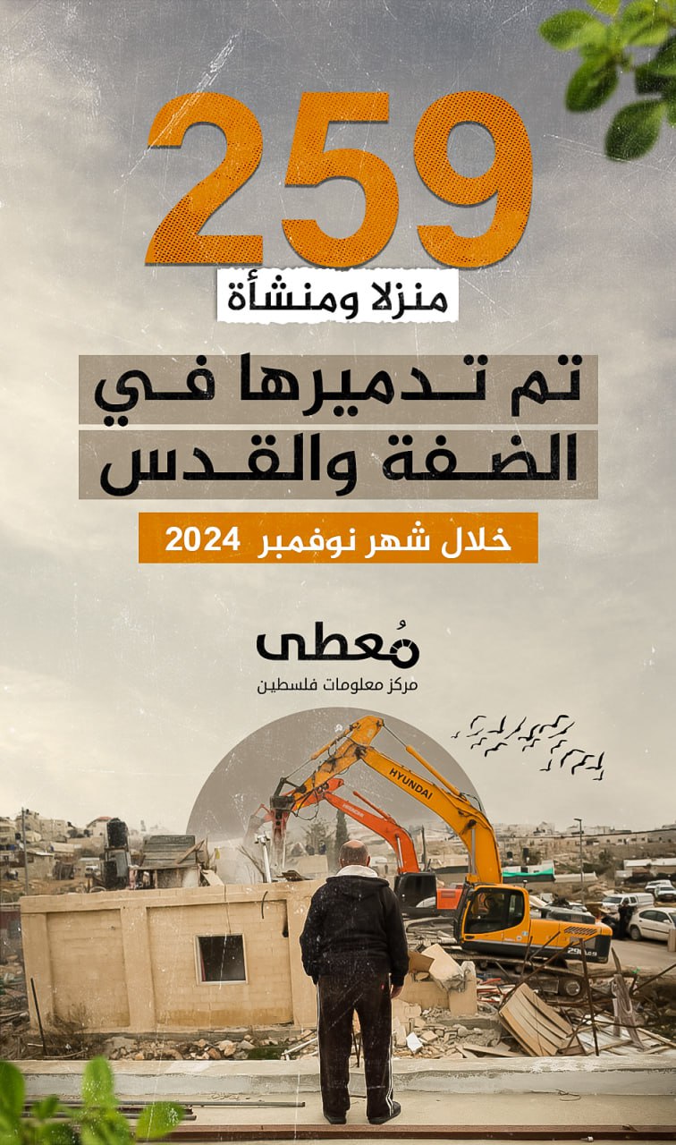 🔴 259 منزلا ومنشأة، تم تدميرها في الضفة والقدس خلال شهر نوفمبر / 2024