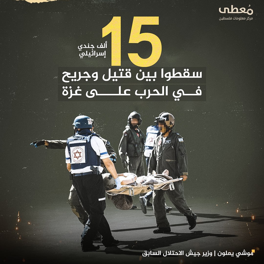 🔴 15 ألف جندي إسرائيلي سقطوا بين قتيل وجريح في الحرب على غزة 

موشي يعلون | وزير جيش الاحتلال السابق

🔹 مركز معلومات فلسطين -مُعطى- www.mo3ta.ps