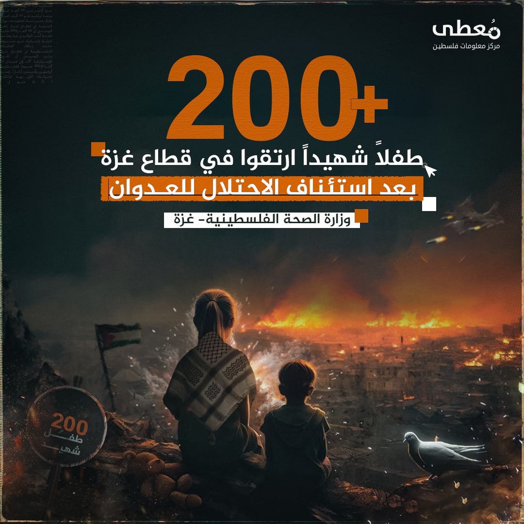 🔴 200+ طفلا شهيدا

ارتقوا في قطاع غزة بعد استنئاف الاحتلال للعدوان 

◾️ المصدر: وزارة الصحة الفلسطينية - غزة

🔹 مركز معلومات فلسطين - مُعطى- www.mo3ta.ps
