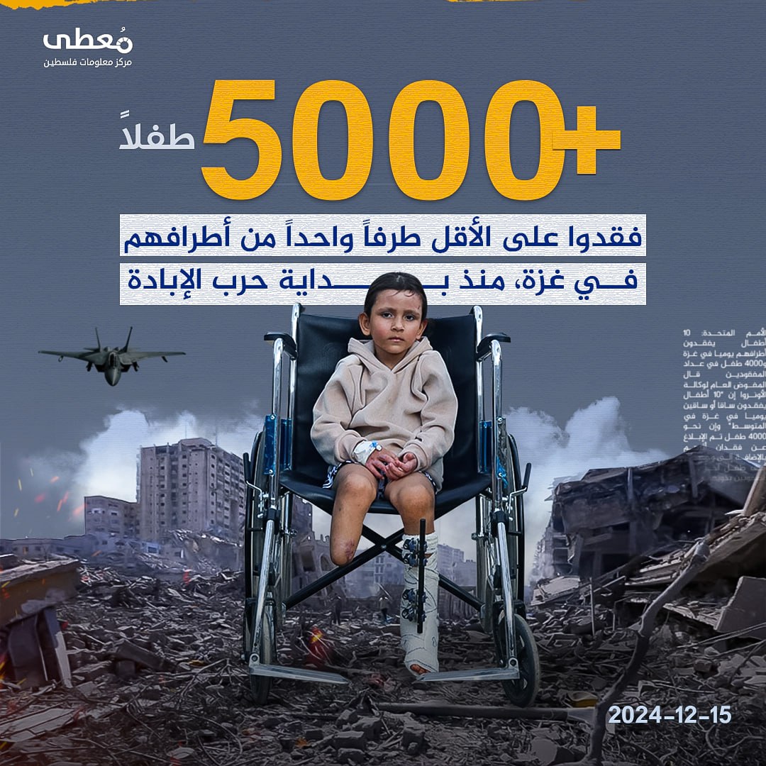 🔴 +5000 طفلا فقدوا على الأقل طرفا واحدا من أطرافهم، منذ بدء حرب الإبادة الجماعية على قطاع غزة