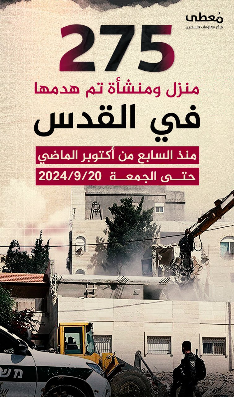 🔴 275 منزل ومنشأة، تم هدمها في القدس 

🗓️ منذ ال7 من أكتوبر الماضي حتى  20/9/2024

www.mo3ta.ps