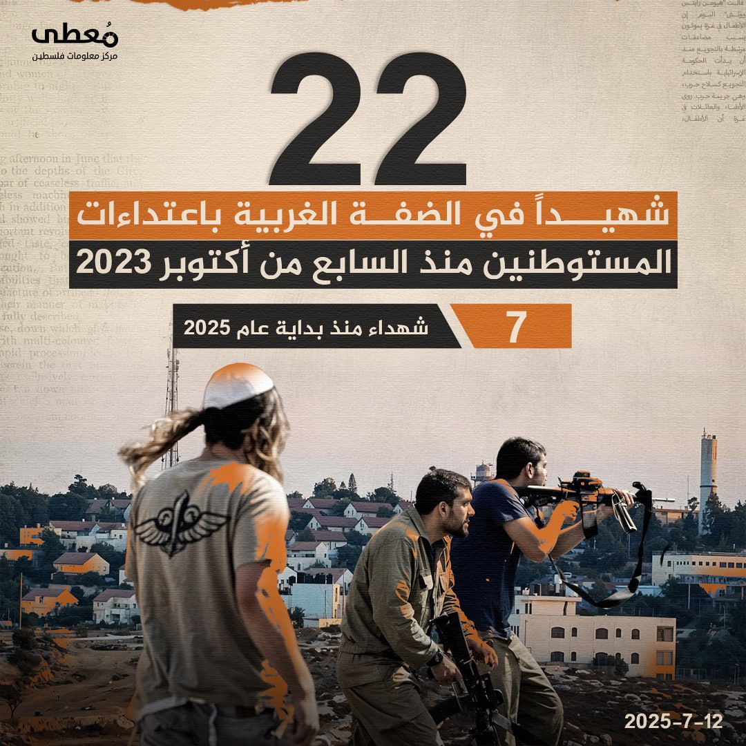 🔴 22 شهيدا في الضفة الغربية باعتداءات المستوطنين منذ السابع من أكتوبر 2023

◾️ 7 شهداء منذ بداية عام 2025

🔹 مركز معلومات فلسطين -مُعطى- www.mo3ta.ps