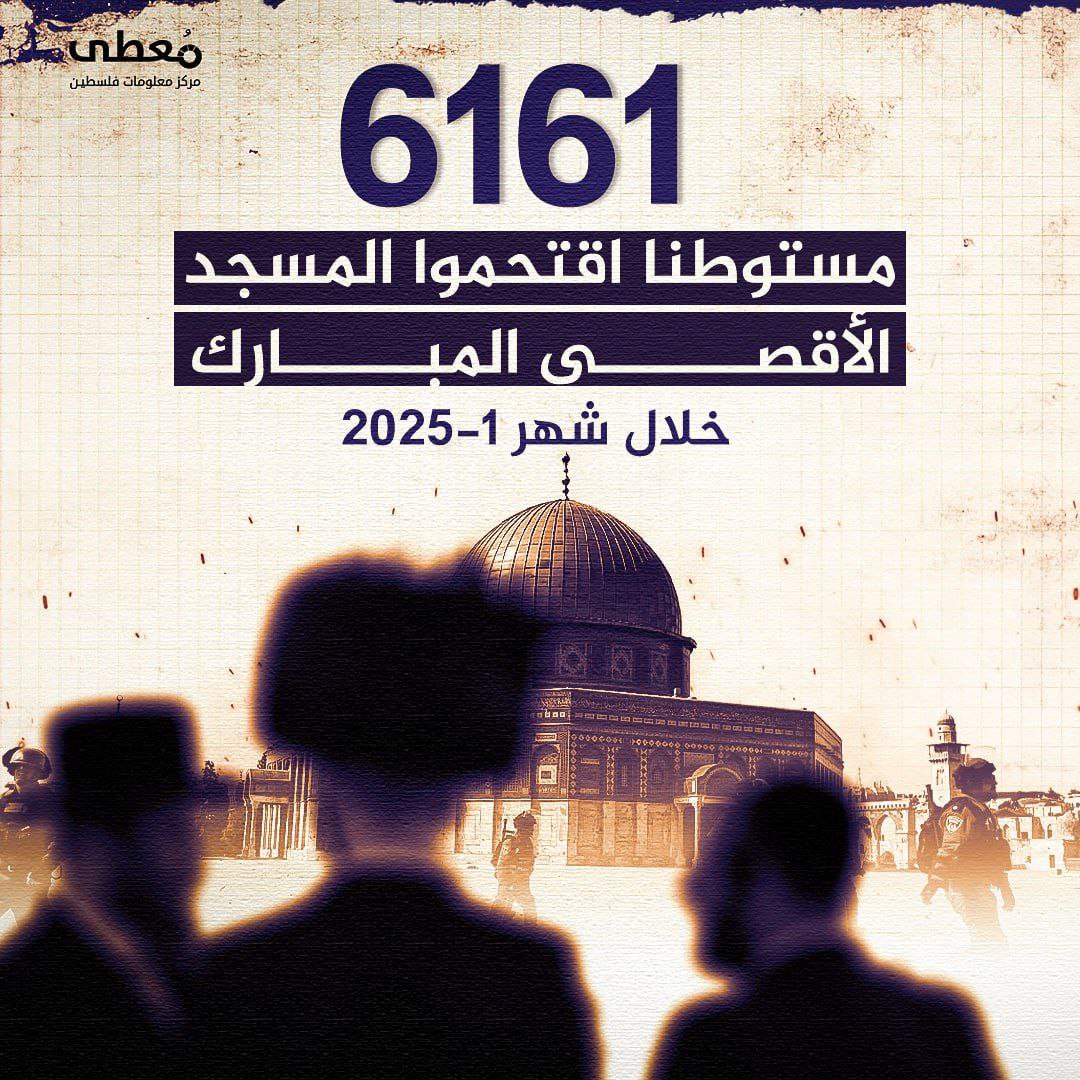 🔴 6161 مستوطنا اقتحموا المسجد الأقصى المبارك 

🗓 خلال 1-2025

🔹 https://mo3ta.ps/single_article/53