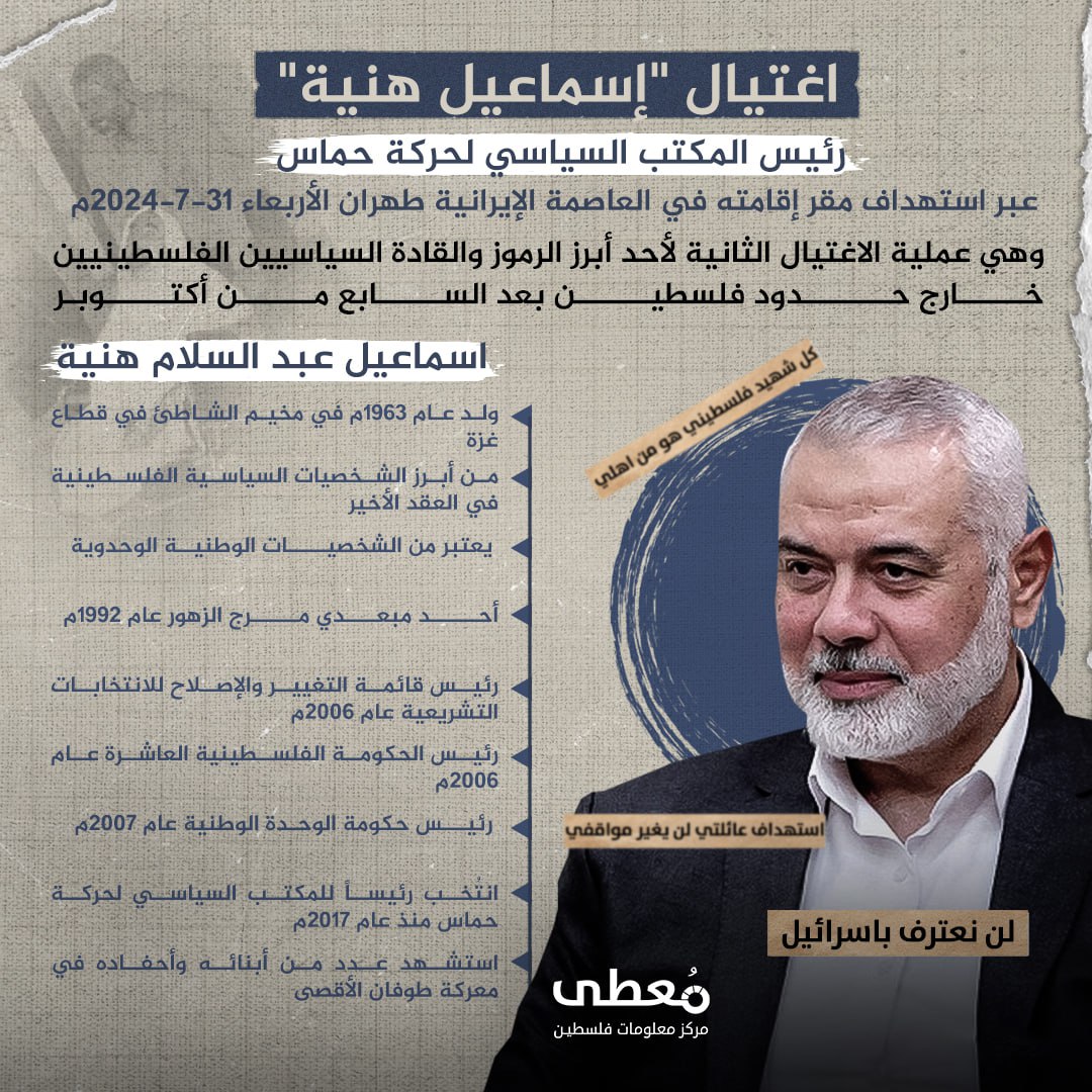 ⭕ اغتيال "إسماعيل هنية" رئيس المكتب السياسي لحركة حماس، عبر استهداف مقر إقامته في العاصمة الإيرانية طهران.

🛑 وهي عملية الاغتيال الثانية لأحد أبرز الرموز والقادة السياسيين الفلسط