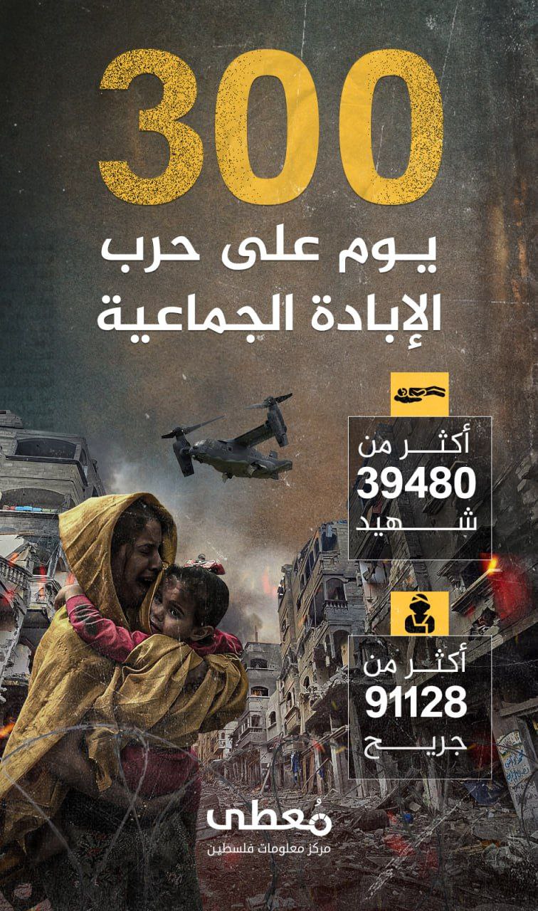🔴 300 يوم على حرب الإبادة الجماعية في قطاع غزة، وارتفاع حصيلة العدوان الإسرائيلي إلى أكثر من 39480 شهيد و 91128 إصابة منذ السابع من أكتوبر الماضي حتى 31-7-2024