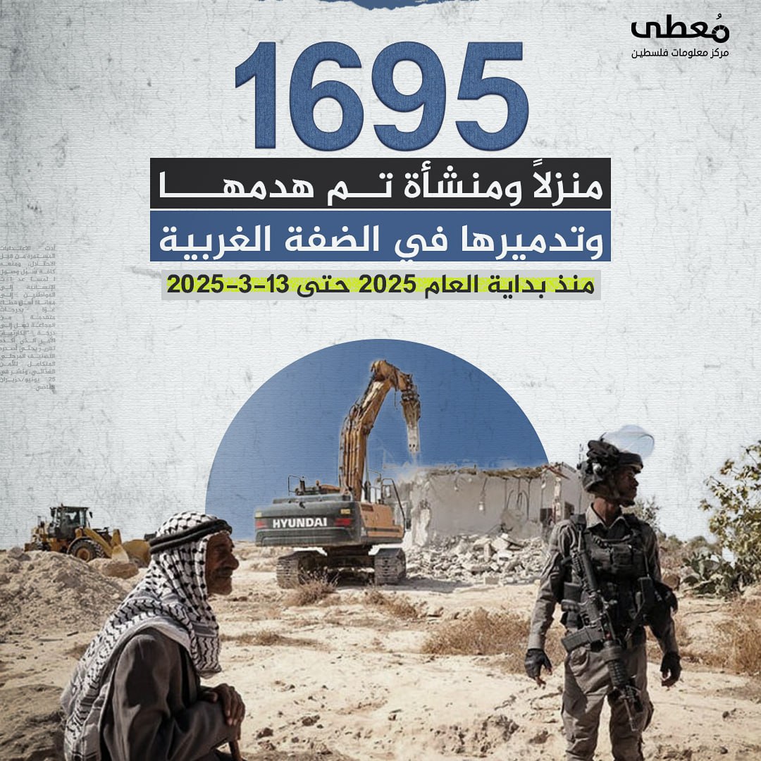 🔴 1695 منزلا ومنشأة تم هدمها وتدميرها في الضفة الغربية، منذ بداية عام 2025 حتى 13-3-2025

🔹 مركز معلومات فلسطين -مُعطى- www.mo3ta.ps