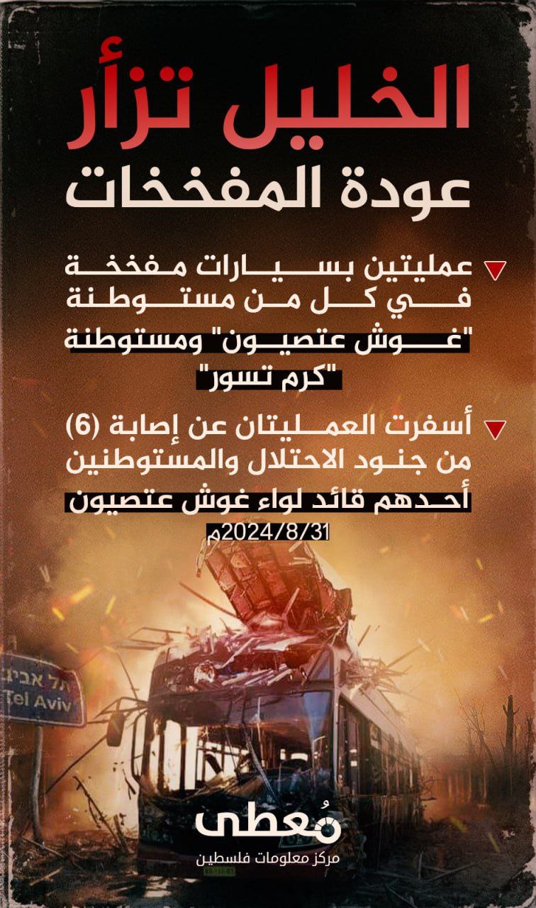 🔴 الخليل تزأر.. عودة التفخيخات

🔻 عمليتين بسيارات مفخخة في كل من مستوطنة "غوش عتصيون" ومستوطنة "كرم تسور" 

أسفرت العمليتان عن إصابة (6) من جنود الاحتلال والمستوطنين، أحدهم قائد