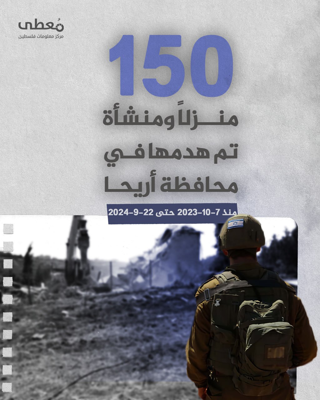 🔴 150 منزلا ومنشأة تم هدمها في محافظة أريحا 

🗓️ منذ 7-10-2023 حتى 22-9-2024

www.mo3ta.ps